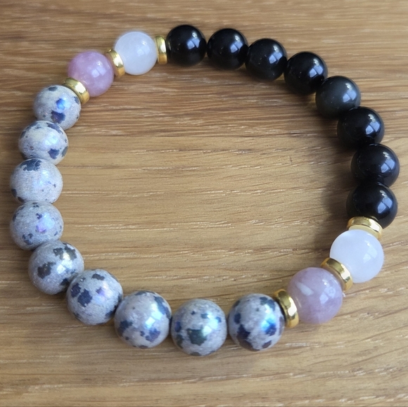 Hand Crafted Jewelry - Dalmatian Jasper & Golden Obsidian Beads Bracelet, Stretch, Hand Crafted